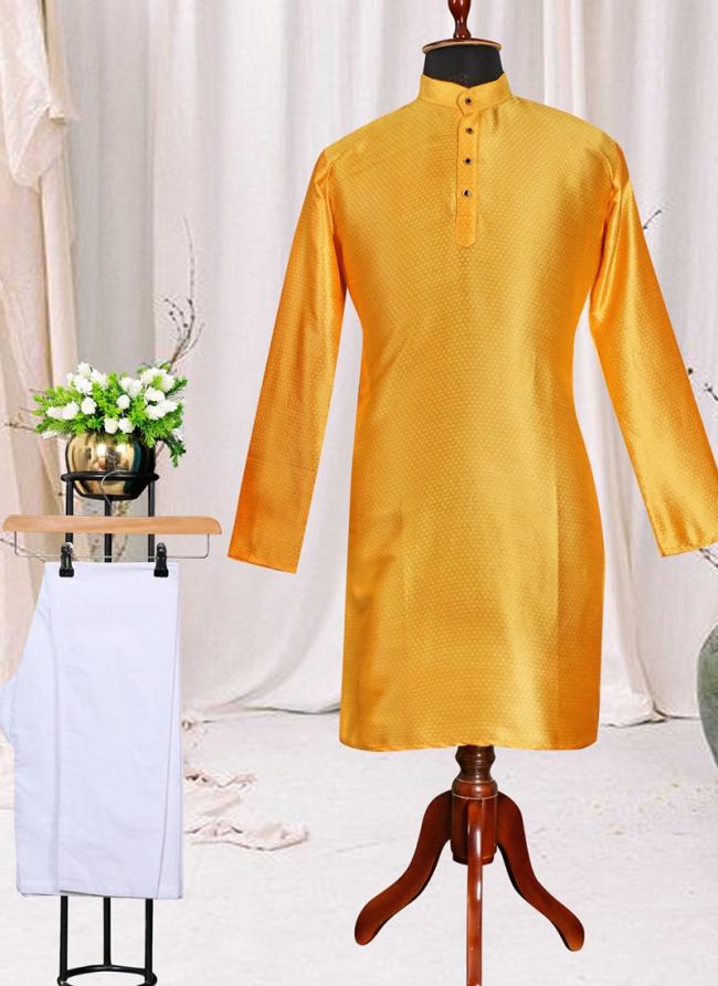 Jacquard Silk Yellow Festival Wear Plain Kurta Pajama